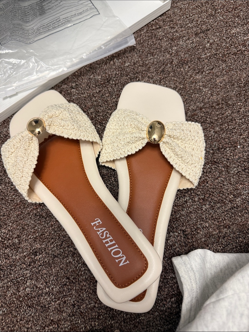 Cream Bow-Knot Slide Mules with Gold Accent